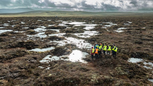 A group surveying a restored area of peatland on the Migneint plateau